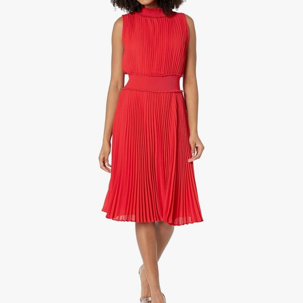 Nanette Lepore Shirred High Neck Pleated Sleeveless Midi Dress Size 8